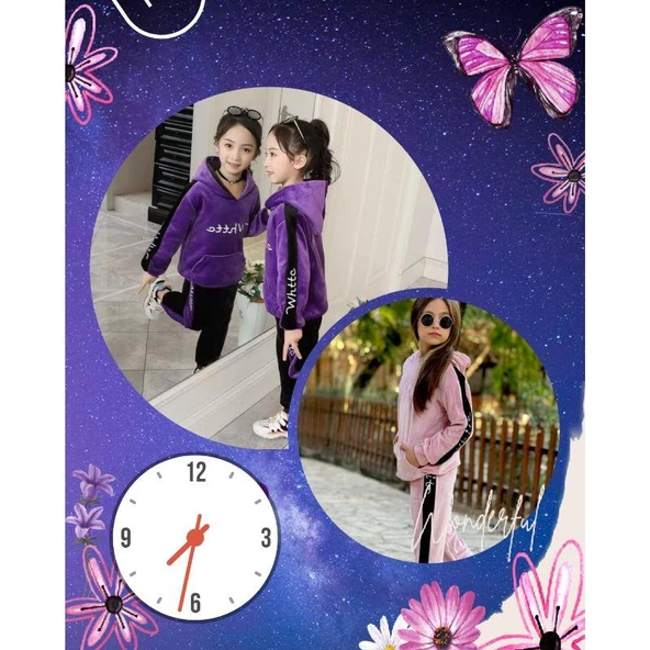 MODAVALS ŞERİT DETAYLI NAKIŞLI KAPİŞONLU KANGURU CEP FRANSIZ KADİFE GARSON BOY KIZ ÇOCUK EŞOFMAN TAKIMI - MOR - 4