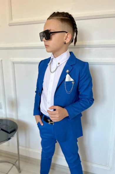 MODAVALS 7 PARÇA MENDİLLİ, ÇİFT ZİNCİRLİ YAKA İĞNELİ CEKETLİ ERKEK ÇOCUK TAKIM ELBİSE -MAVİ - 4