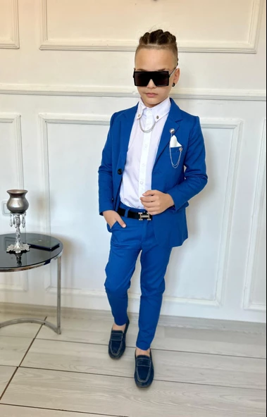 MODAVALS 7 PARÇA MENDİLLİ, ÇİFT ZİNCİRLİ YAKA İĞNELİ CEKETLİ ERKEK ÇOCUK TAKIM ELBİSE -MAVİ - 3