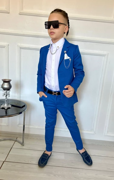 MODAVALS 7 PARÇA MENDİLLİ, ÇİFT ZİNCİRLİ YAKA İĞNELİ CEKETLİ ERKEK ÇOCUK TAKIM ELBİSE -MAVİ - 9