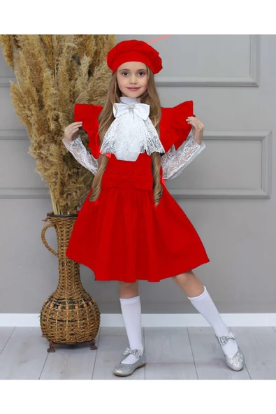MODAVALS KARDEŞ KOMBİN DANTELLİ BRODE BROŞLU KIZ ÇOCUK FIRFIRLI SLOPET - KIRMIZI - 2