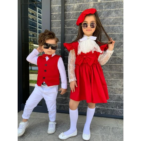 MODAVALS KARDEŞ KOMBİN DANTELLİ BRODE BROŞLU KIZ ÇOCUK FIRFIRLI SLOPET - KIRMIZI - 9