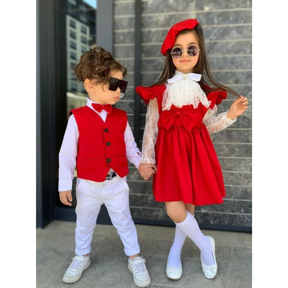 MODAVALS KARDEŞ KOMBİN YELEKLİ PAPYONLU ERKEK ÇOCUK TAKIM - KIRMIZI - 2