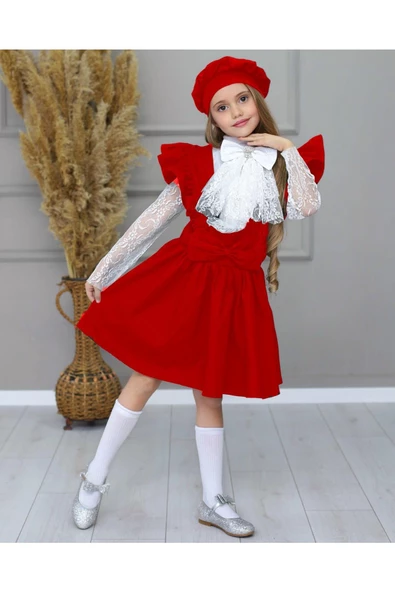 MODAVALS KARDEŞ KOMBİN DANTELLİ BRODE BROŞLU KIZ ÇOCUK FIRFIRLI SLOPET - KIRMIZI - 3