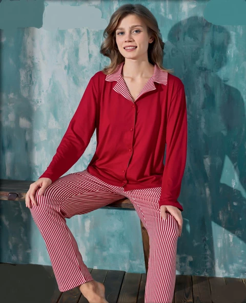 Mihra 50901 Kadın Kışlık Milan Kumaş Önden Düğmeli Pijama Takımı