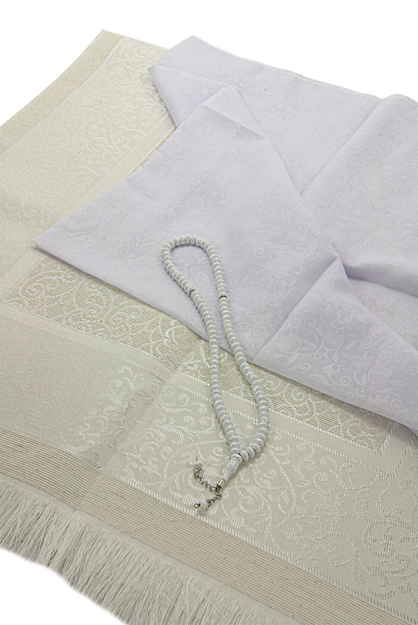 Bohçaya ve Mevlide Uygun Başörtülü Seccade Seti - Tesbihli - Beyaz - Resim 3