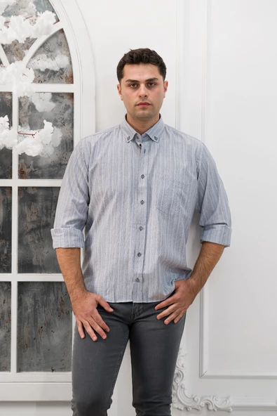 Advante Geniş Ve Rahat Kesim Cepli Çizgili Klasik Erkek Gömlek - Resim 12