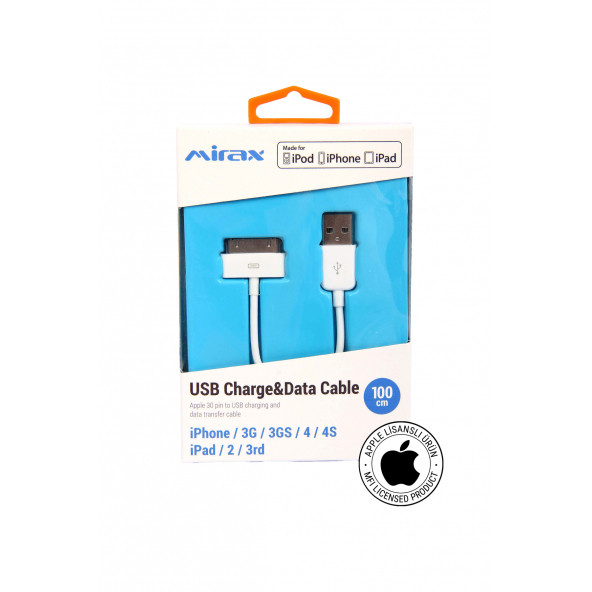 Mirax SDE-4100 Apple Lisanslı iPhone, iPod, iPad Uyumlu 30 Pin Şarj ve Data Kablosu - 2