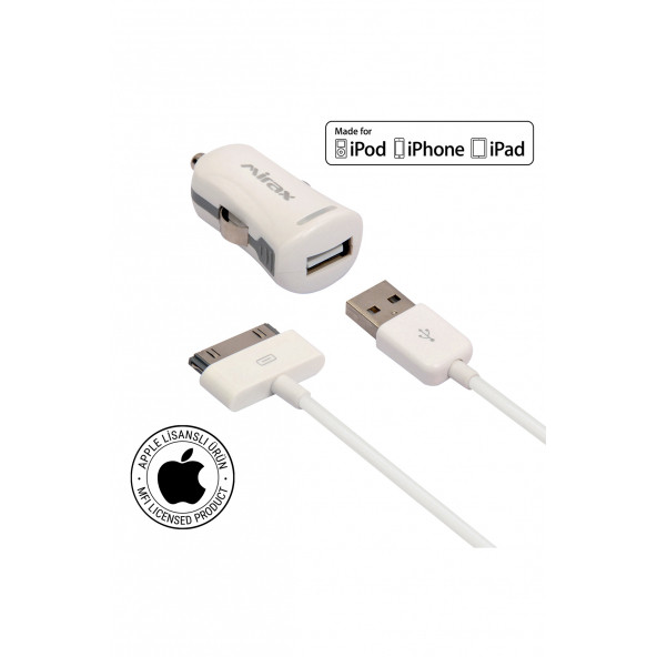 Mirax SCT-4210 Apple Lisanslı Iphone 4s Ipod Ipad Uyumlu 30 Pin Araç Şarj Kiti