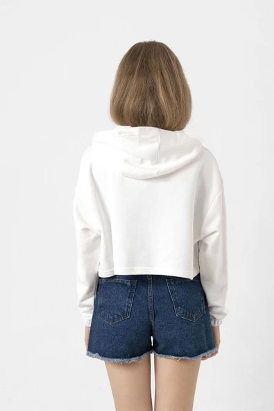 Blackpink Lisa Signature Ekru Kadın Crop Kapşonlu - Resim 3