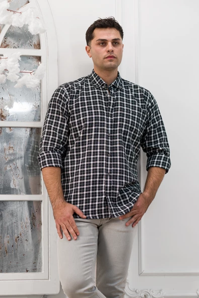 Advante Geniş Ve Rahat(Bol) Kesim Cepli Ekoseli Yaka Düğmeli Klasik Erkek Gömlek - Resim 11