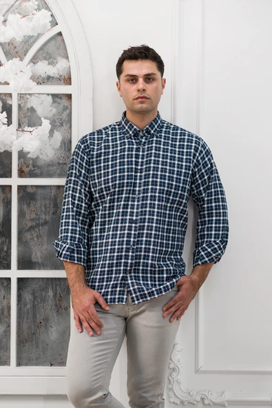 Advante Geniş Ve Rahat(Bol) Kesim Cepli Ekoseli Yaka Düğmeli Klasik Erkek Gömlek - Resim 2