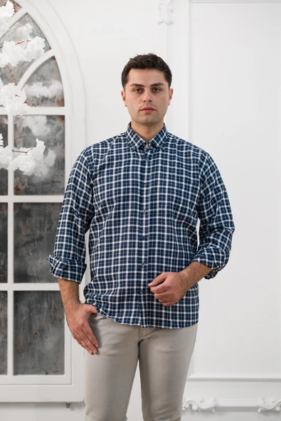 Advante Geniş Ve Rahat(Bol) Kesim Cepli Ekoseli Yaka Düğmeli Klasik Erkek Gömlek - Resim 5