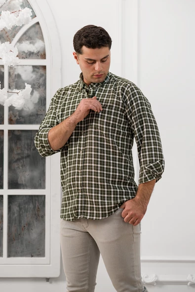 Advante Geniş Ve Rahat(Bol) Kesim Cepli Ekoseli Yaka Düğmeli Klasik Erkek Gömlek - Resim 8