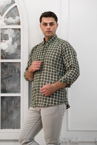 Advante Geniş Ve Rahat(Bol) Kesim Cepli Ekoseli Yaka Düğmeli Klasik Erkek Gömlek - Resim 7