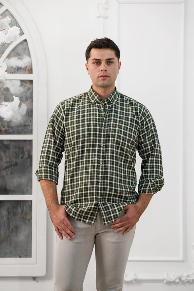 Advante Geniş Ve Rahat(Bol) Kesim Cepli Ekoseli Yaka Düğmeli Klasik Erkek Gömlek - Resim 6