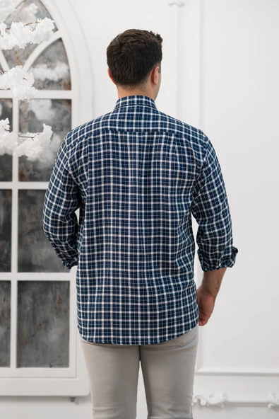 Advante Geniş Ve Rahat(Bol) Kesim Cepli Ekoseli Yaka Düğmeli Klasik Erkek Gömlek - Resim 4