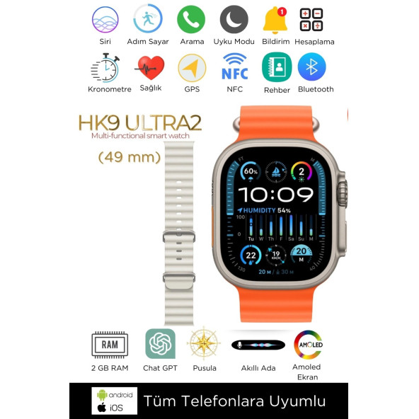 HK 9 Ultra 2 Amoled Ekran Siri Gps NFC Pusula Sesli Asistan Akıllı Saat Yeni Seri Watch 9 8 7