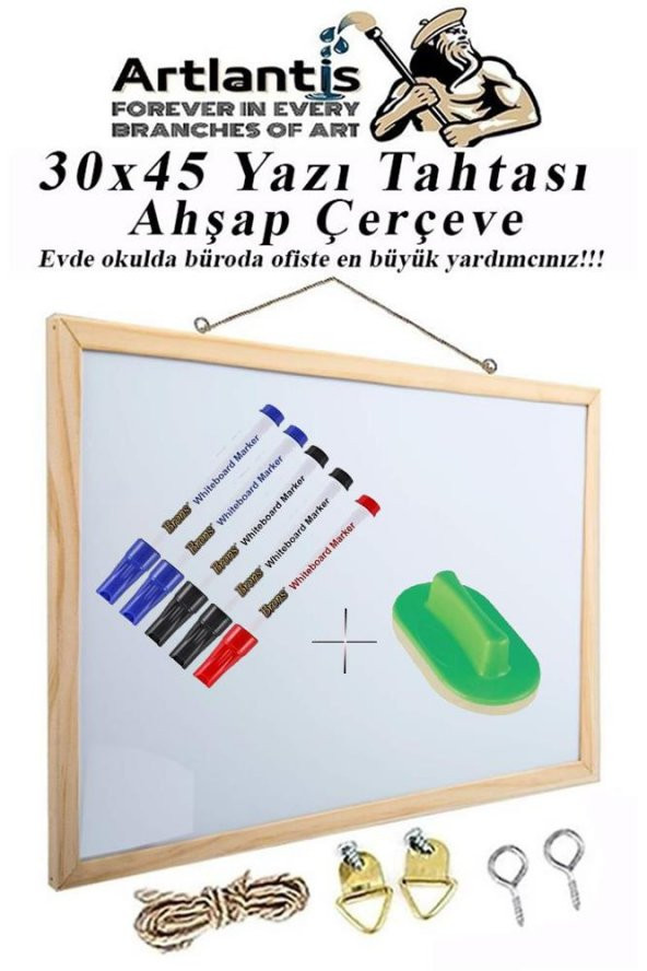 Duvara Monte Beyaz Yazı Tahtası 30x45 cm 1 Adet Yazı Tahta kalemi ve Silgisi Laminant Yazı Tahtası Ahşap Çerçeveli Askılı Okul Ofis Büro