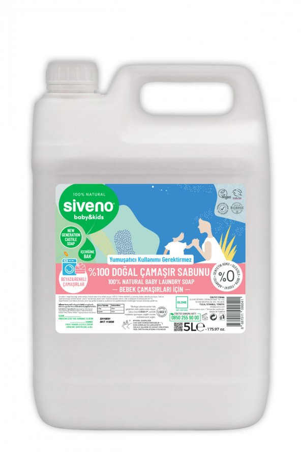 Siveno %100 Doğal Bebek Çamaşır Sabunu Kendinden Yumuşatıcılı Bitkisel Deterjan Konsantre Vegan 5000 ml