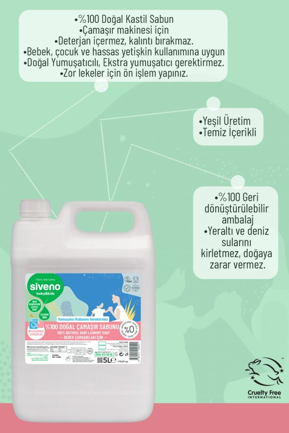 Siveno %100 Doğal Bebek Çamaşır Sabunu Kendinden Yumuşatıcılı Bitkisel Deterjan Konsantre Vegan 5000 ml - 6
