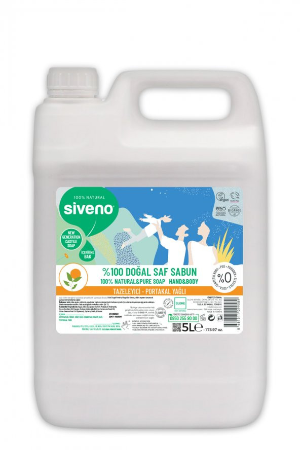 Siveno %100 Doğal Sıvı Kastil Sabun Portakal Yağlı Yoğun Nemlendirici Arındırıcı Bitkisel Vegan 5000 ml