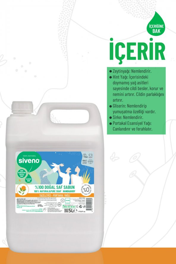 Siveno %100 Doğal Sıvı Kastil Sabun Portakal Yağlı Yoğun Nemlendirici Arındırıcı Bitkisel Vegan 5000 ml - 3