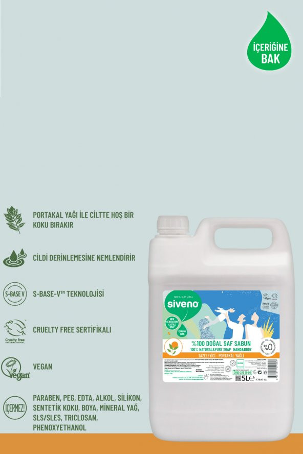 Siveno %100 Doğal Sıvı Kastil Sabun Portakal Yağlı Yoğun Nemlendirici Arındırıcı Bitkisel Vegan 5000 ml - 5