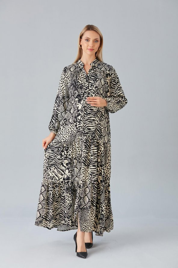 IŞŞIL 4532-Safari Desen Pamuklu Hamile Maxi Elbise