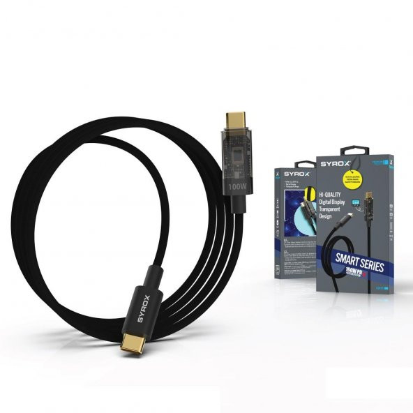 Syrox C141TT 100W Digital Göstergeli Şeffaf Başlık Tasarim Hasir Type-C To Type-C Ultra Hızlı Şarj & Data Kablosu - 4