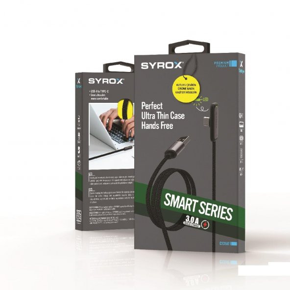 Syrox C131AT 3.0A USB To Type-C 90 Derecelik Hasir Hızlı Şarj & Data Kablosu - 4