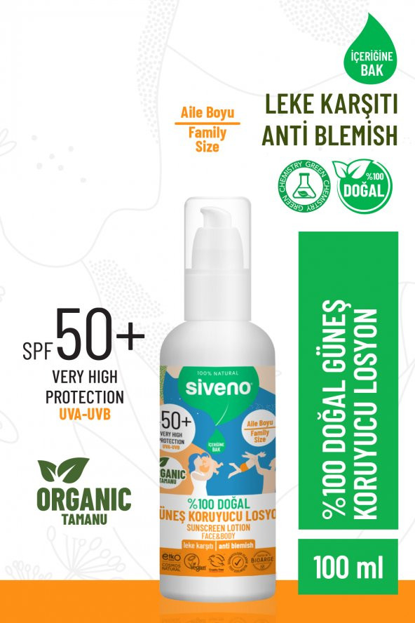 Siveno %100 Doğal Ve Organik Tamanu Yağlı Güneş Losyonu Mineral Filtreli Tüm Aile Için 50 Spf 100 ml