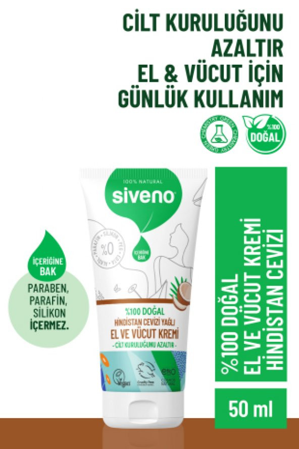 Siveno %100 Doğal El Ve Vücut Kremi Hindistan Cevizi Avokado Yoğun Nemlendirici Onarıcı Vegan 50 ml