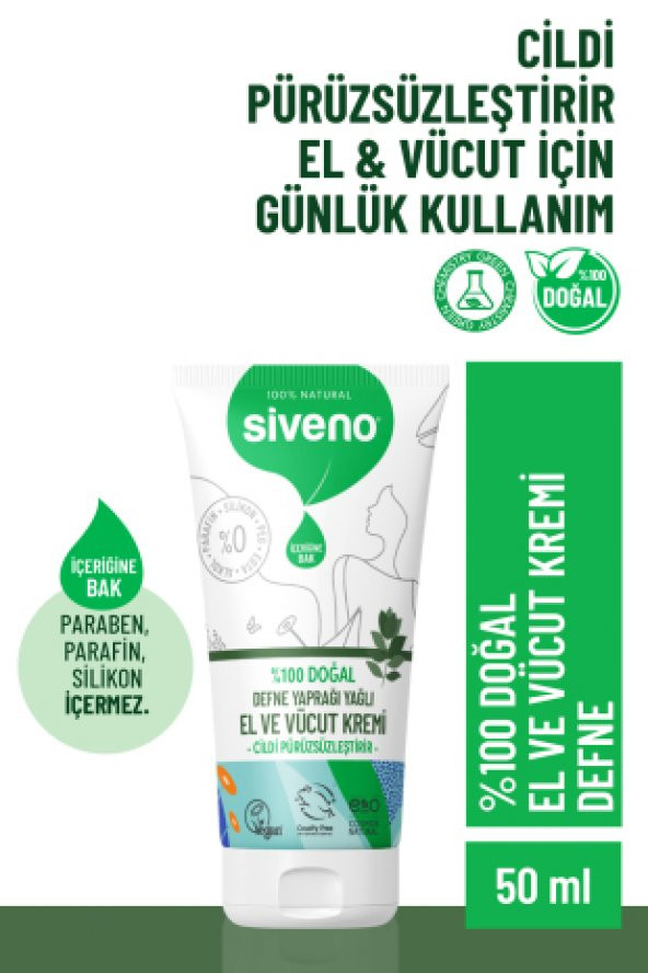 Siveno %100 Doğal El Ve Vücut Kremi Defne Pürüzsüzleştirici Yatıştırıcı Onarıcı Nemlendirici Vegan 50 ml