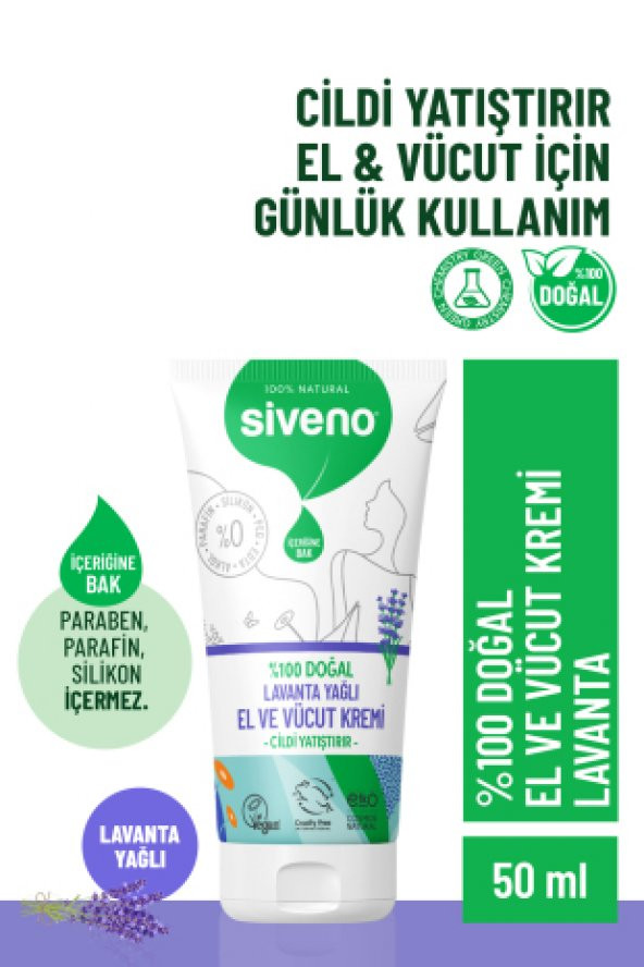 Siveno %100 Doğal El Ve Vücut Kremi Lavanta Cilt Yatıştırıcı Onarıcı Yoğun Nemlendirici Vegan 50 ml