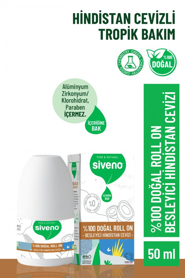 Siveno %100 Doğal Roll-On Hindistan Cevizli Deodorant Ter Kokusu Önleyici Bitkisel Lekesiz Vegan 50 ml