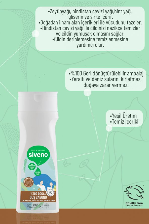 Siveno %100 Doğal Duş Sabunu Hindistan Cevizli Kokulu Nemlendirici Duş Jeli 5 Değerli Bitki Vegan 300 ml - 3