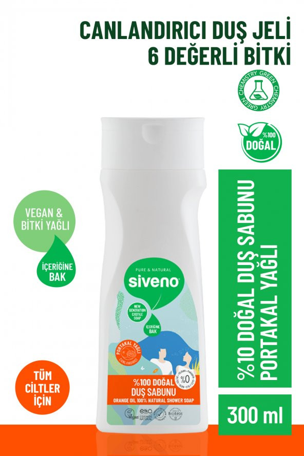 Siveno %100 Doğal Duş Sabunu Portakal Kokulu Canlandırıcı Duş Jeli 6 Değerli Bitki Vegan 300 ml