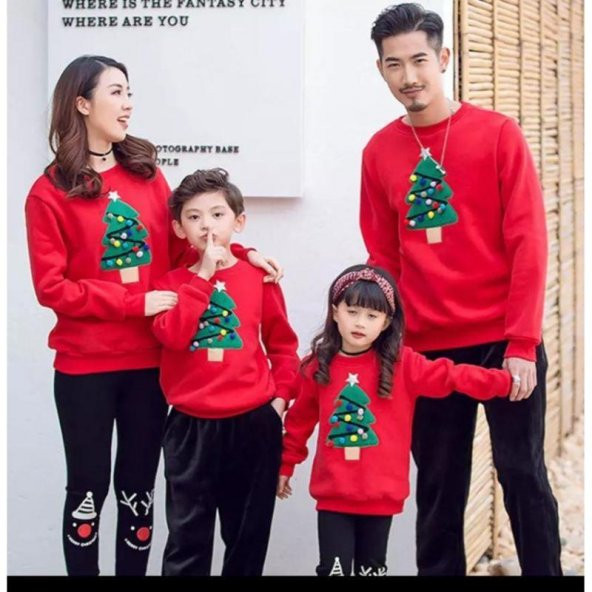 MODAVALS ÇAM AĞACI BASKILI YILBAŞI AİLE KOMBİN SWEAT - Resim 2