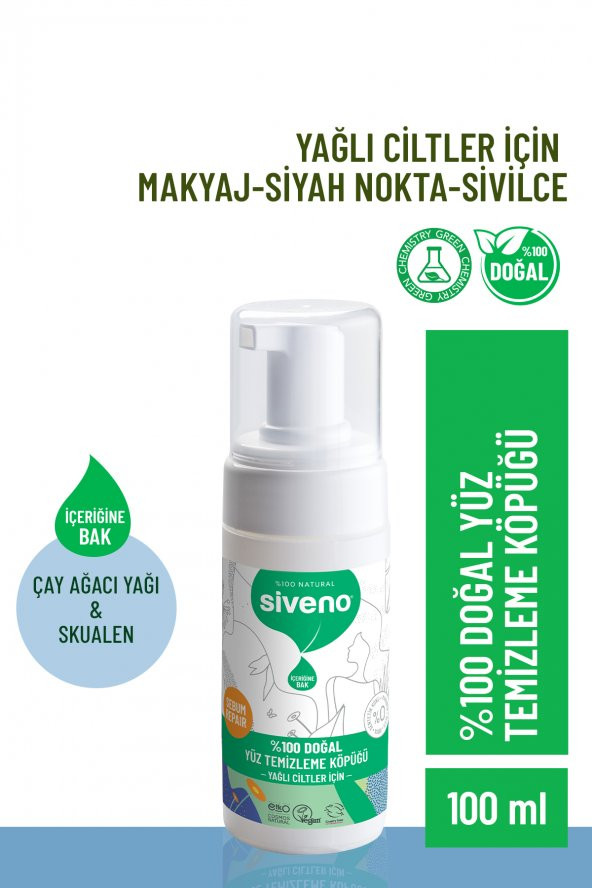 Siveno %100 Doğal Yüz Temizleme Köpüğü Yağlı Ciltler İçin Makyaj Siyah Nokta Sivilce Vegan 100 ml