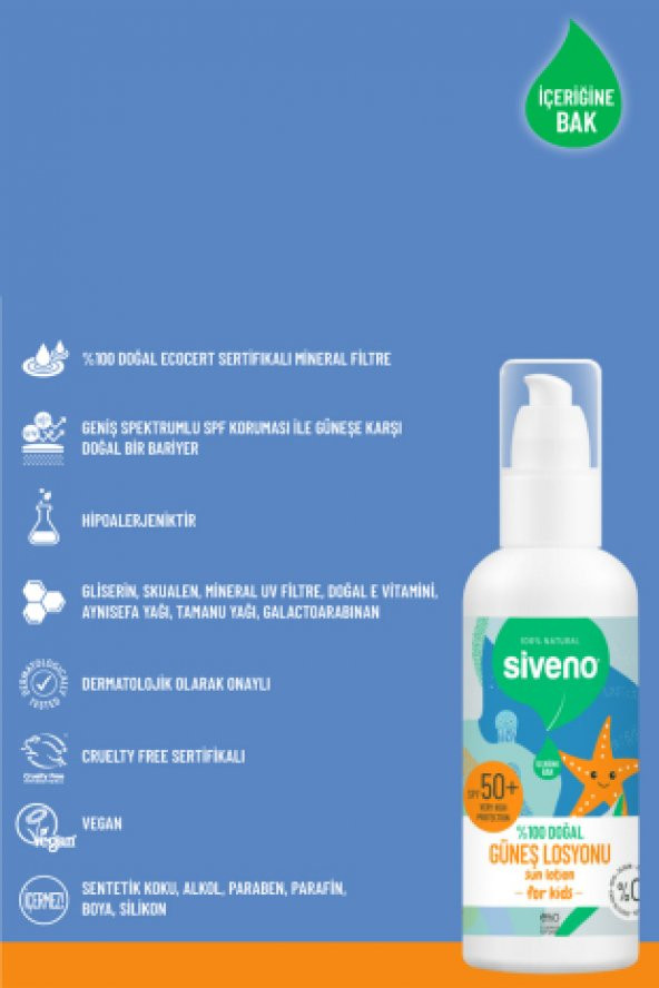 Siveno %100 Doğal Çocuk Güneş Losyonu Leke Karşıtı Antioksidan Nemlendirici Bitkisel Vegan UVA UVB SPF50 - 4