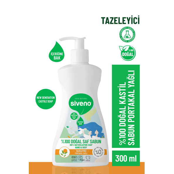 Siveno %100 Doğal Sıvı Kastil Sabun Portakal Yağlı Yoğun Nemlendirici Arındırıcı Bitkisel Vegan 300 ml