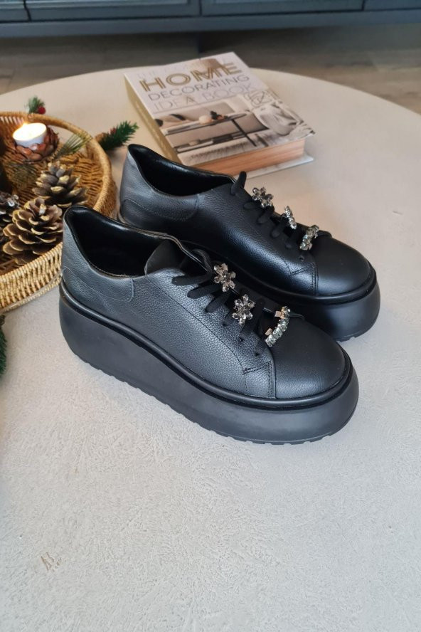 075 1004 Topukla Kadın Kalın Taban Bağcıklı Loafer Makosen Hakiki Deri Günlük Ayakkabı - 9