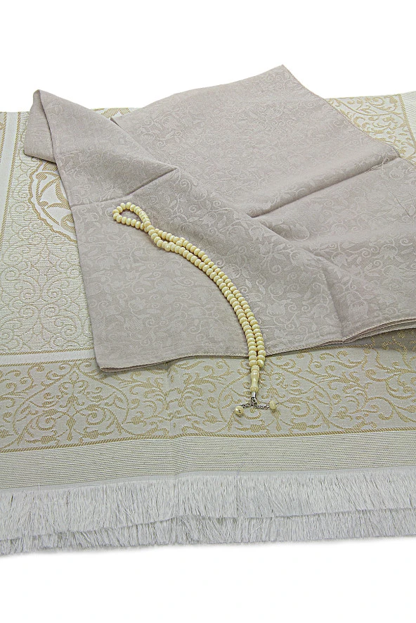 Bohçaya ve Mevlide Uygun Başörtülü Seccade Seti - Tesbihli - Krem - Resim 3