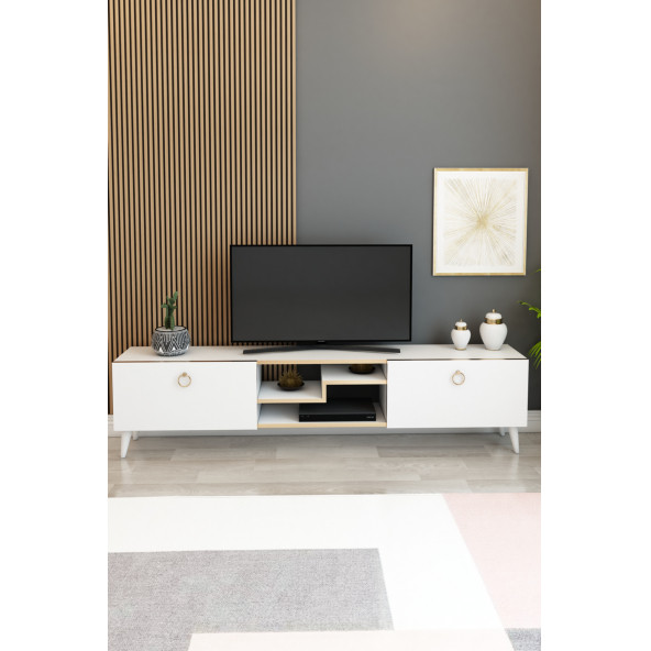 Model Z TV Ünitesi 150 cm Dekoratif Raflı İki Kapaklı Tv Sehpası Beyaz Altın Renk