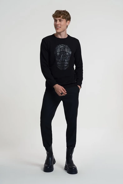 Loft 2034912 Siyah Kuru Kafa Baskılı Bisiklet Yaka Erkek Sweat - 2
