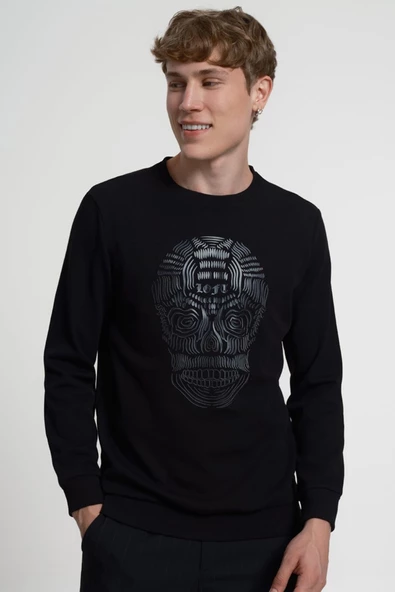Loft 2034912 Siyah Kuru Kafa Baskılı Bisiklet Yaka Erkek Sweat - 1