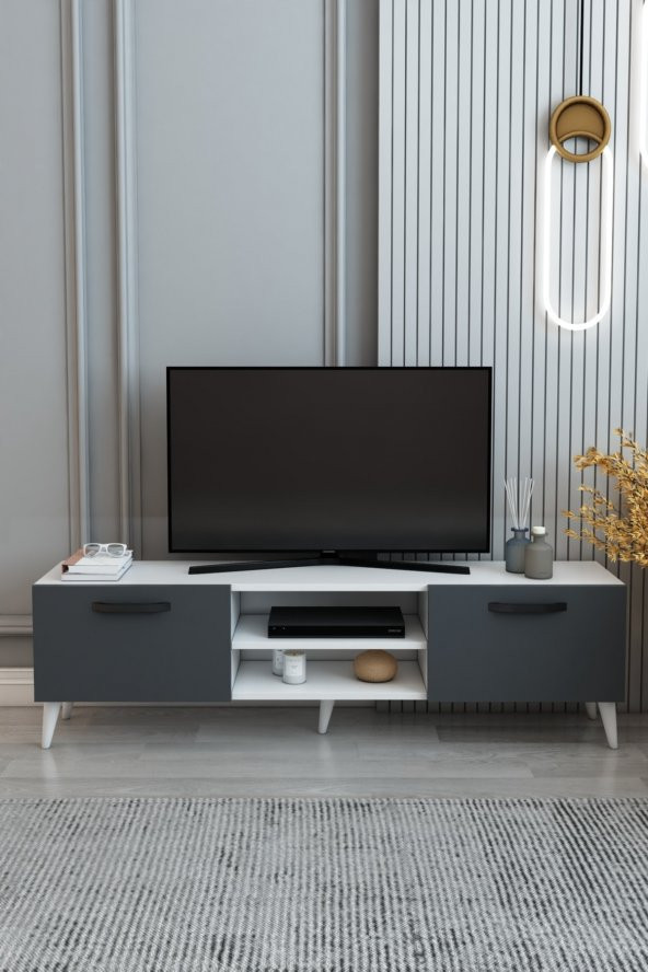 Izco Design Efes Tv Ünitesi 150 Cm 2 Kapaklı Raflı Tv Sehpası Beyaz-antrasit