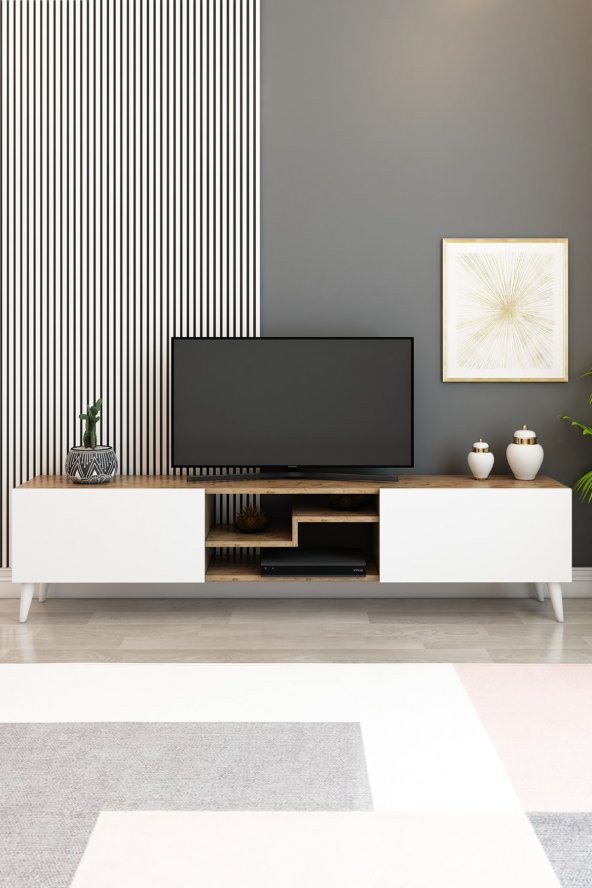 Model Z Tv Ünitesi 150 Cm Dekoratif Raflı Iki Kapaklı Tv Sehpası Çam-beyaz Renk