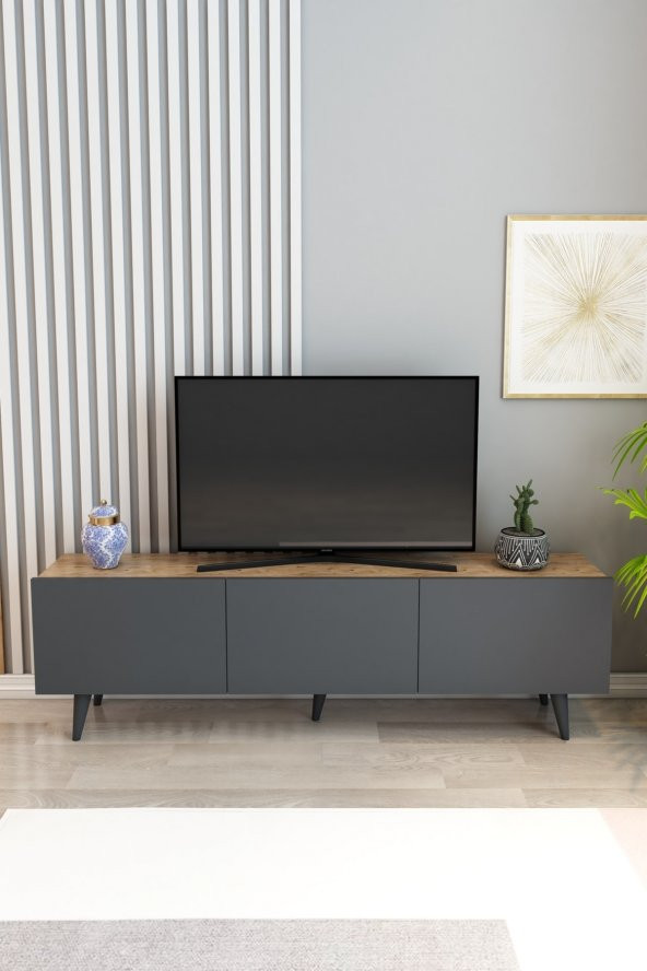 Izco Design Perla Tv Ünitesi 150 Cm 3 Kapaklı Tv Sehpası Çam Antrasit